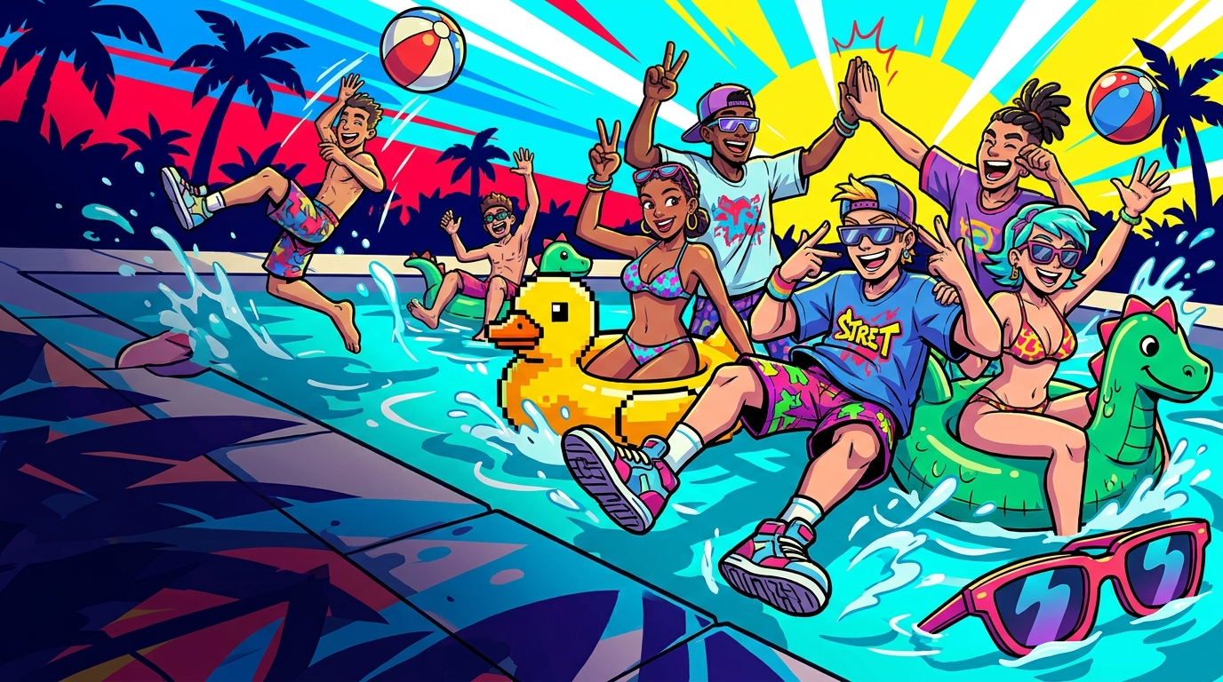 Pool Party event key art — the Zero to Hero crew at a summer pool party